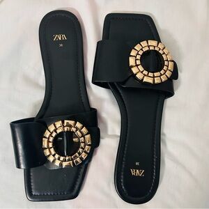 ZARA Black leather square toe sandal